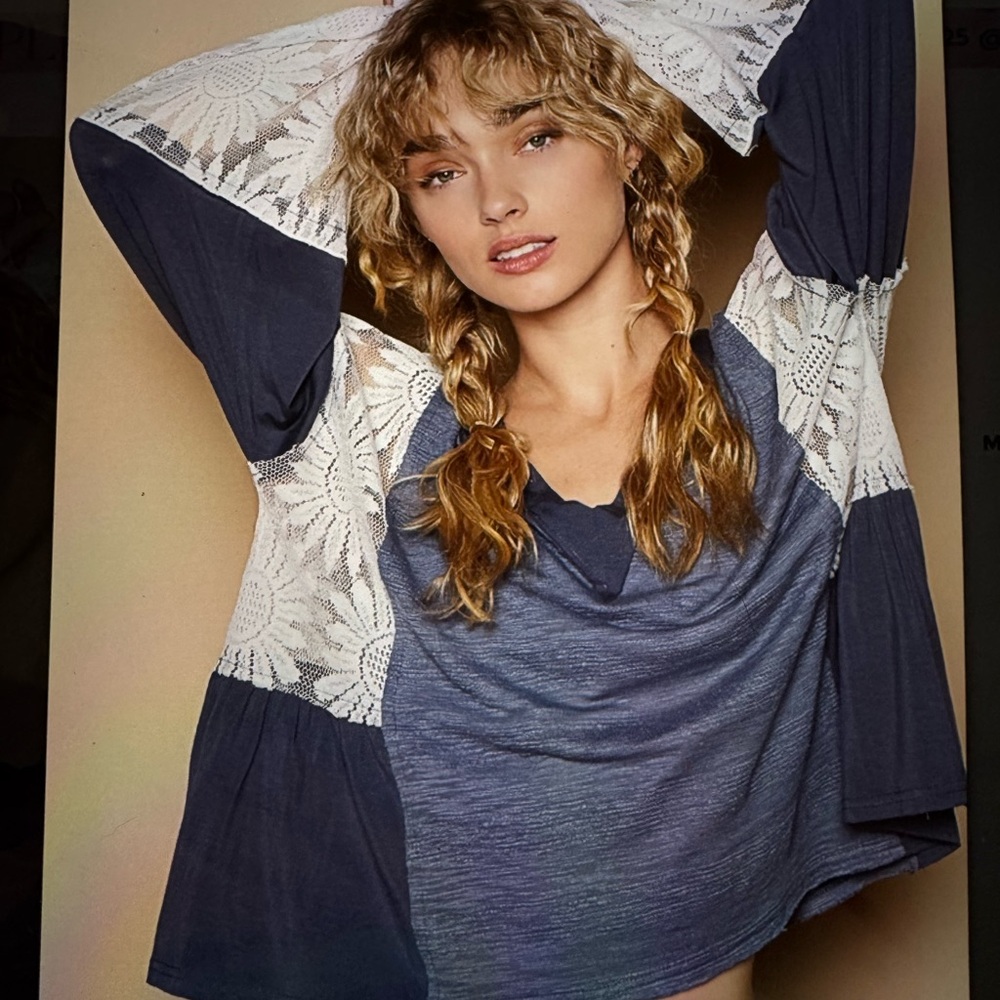 POL Blue and Gray Graphic Relaxed Blouse